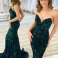 Sequined Sparkly Long Evening Dress Bling Mermaid Strapless V Neck Sweep Train Formal Party Prom Gowns Special Occasion