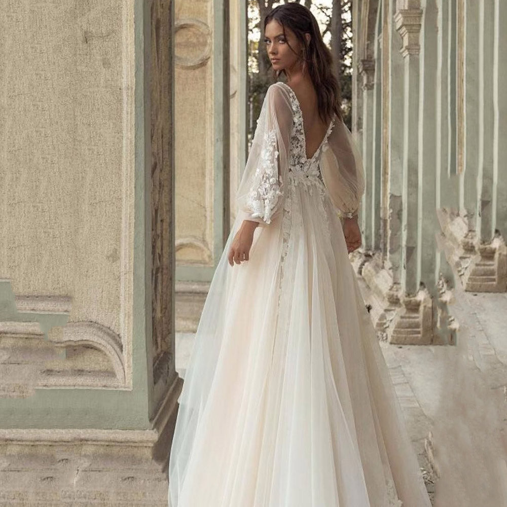 Layout NICEB BOHO Abiti da sposa Abiti da sposa maniche a sbuffi abiti da sposa da sposa Fiori di pizzo Tulle Sweep Train Vestidos de noni Playa