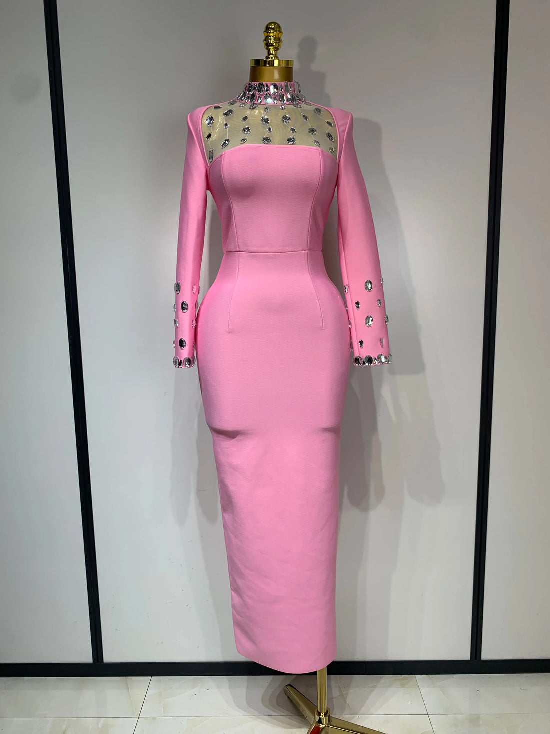 Luxury Birthday Dresses Diamond Long Sleeve Pink Bodycon Bandage Dress Women Wedding Evening Prom Gowns Pink