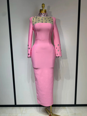 Luxury Birthday Dresses Diamond Long Sleeve Pink Bodycon Bandage Dress Women Wedding Evening Prom Gowns Pink