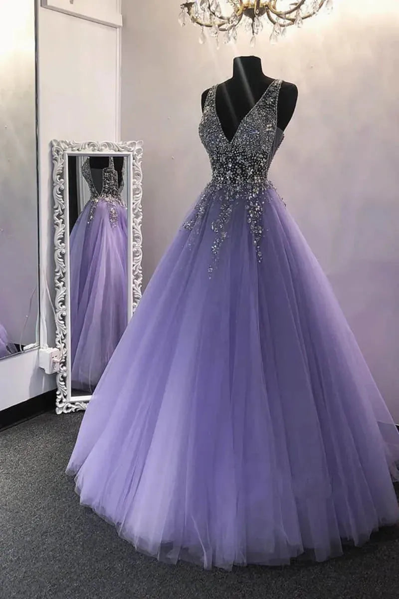 Beaded Rhinestone Prom Dresses Deep V Neckline Sleeveless Ball Gown Tulle Long Floor Length Women Formal Party Evening Gowns PURPLE