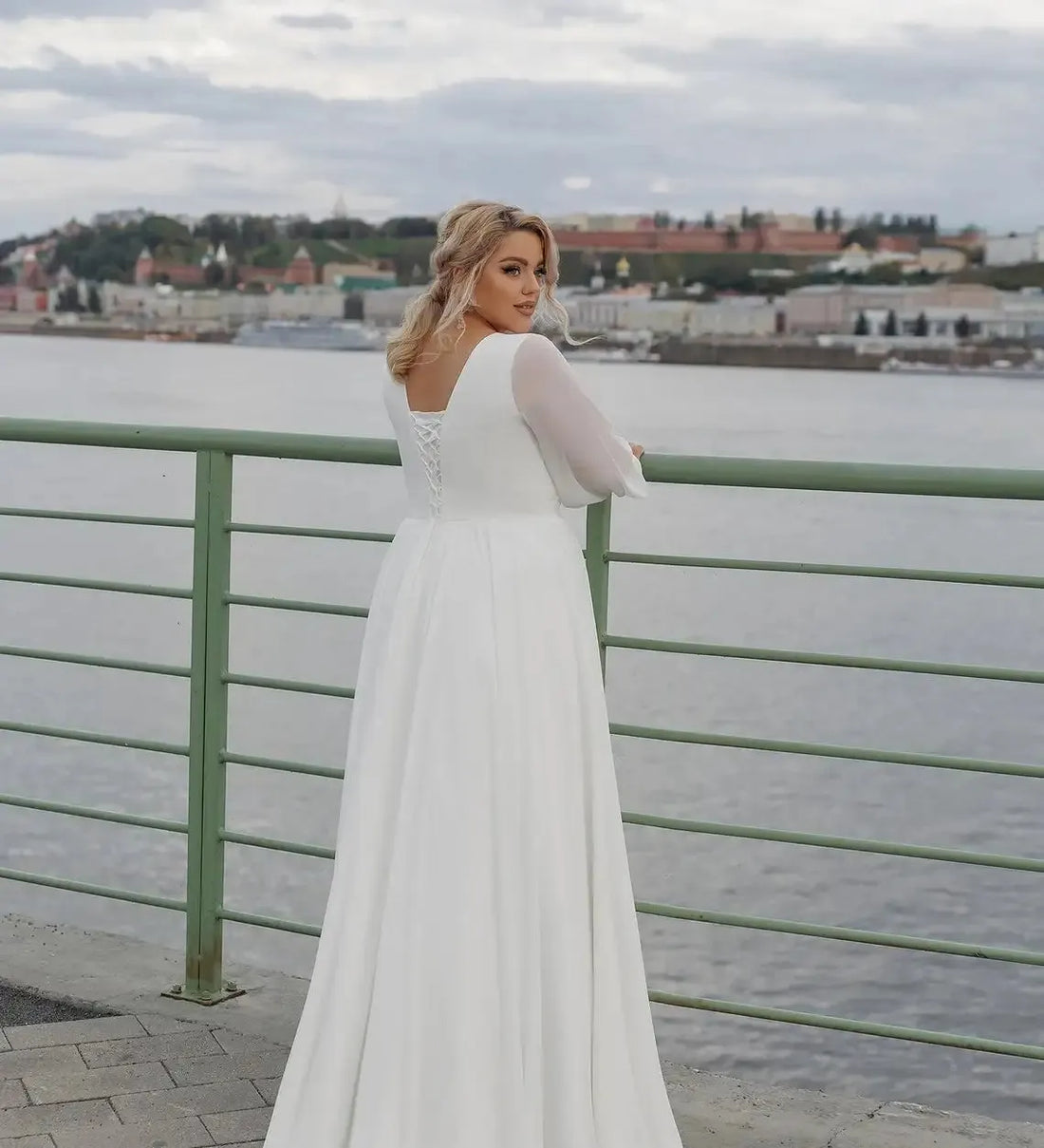 Chiffon Plus Size Wedding Dresses Full Puffy Sleeves A Line V Neckline Long Bride Gowns Women Elegant Simple Bridal Dress