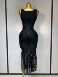 Fashion Crystal Tassel Temperament Suspender Bodycon Bandage Dress Sexy Midi Evening Party Birthday Dresses Vestidos