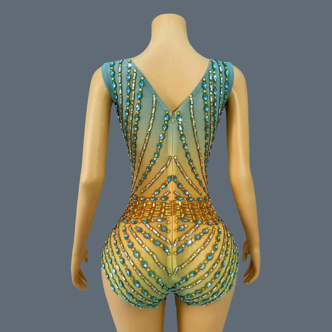 New Sparkly Rhinestone Elastic Spandex Bodysuit Women's Club Bars Sexy Dance Show Crystals Vest Bodysuit Party Stage Wear Sitiao as shown
