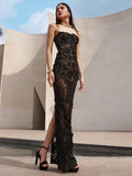Glamorous Black Strapless Mesh Dress with 3D Floral Embellishments and Side Slit for Stylish Evening Gown