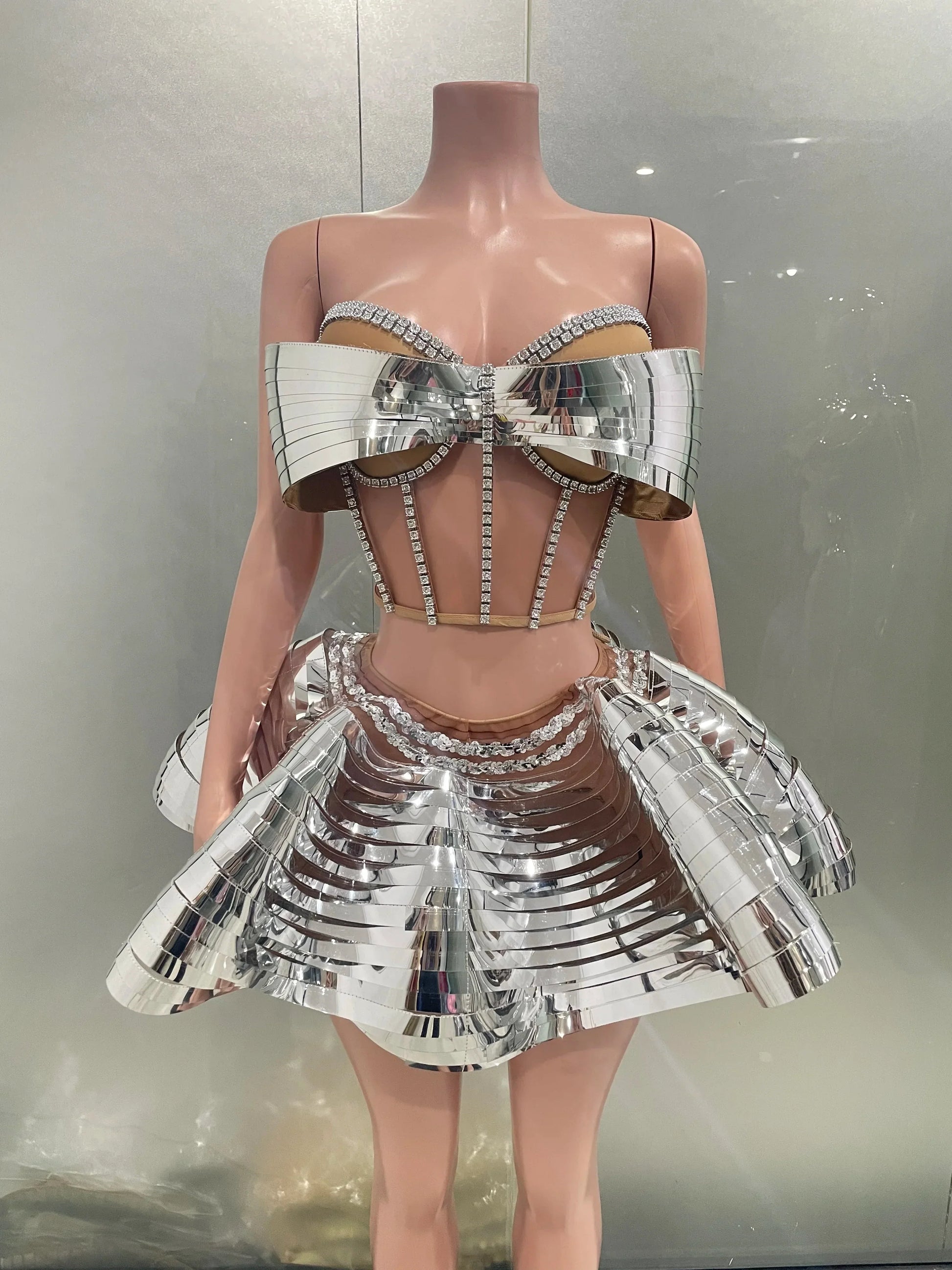 Sliver Mirror Surface Woman Set Stereoscopic Bows Strapless Tops And UFO Mini Skirt 2 Pieces Party Outfit Performance costume