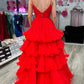 V-neck Tulle Prom Dresses Tiered Ruffle A-line vestidos de noche Elegant Sleeveless Floor-Length Ball Gown Formal Evening