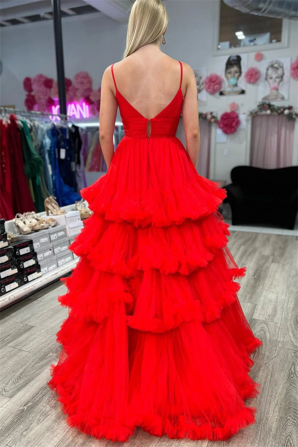 V-neck Tulle Prom Dresses Tiered Ruffle A-line vestidos de noche Elegant Sleeveless Floor-Length Ball Gown Formal Evening