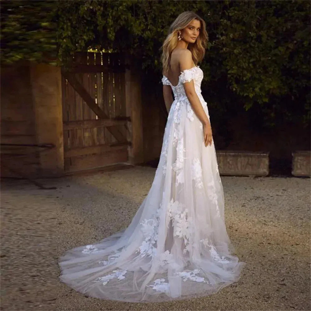 White Lace Appliques Prom Dressess A-line Tulle Vestidos De Noche Elegant Off the Shoulder Sleeveless Cocktail Party as pic