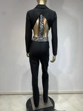 Women Bandage Long Pants Set With Lapel Long Sleeved Nail Bead Design Backless Sexy Ultra Short Jacket+Pants Two-Piece Set