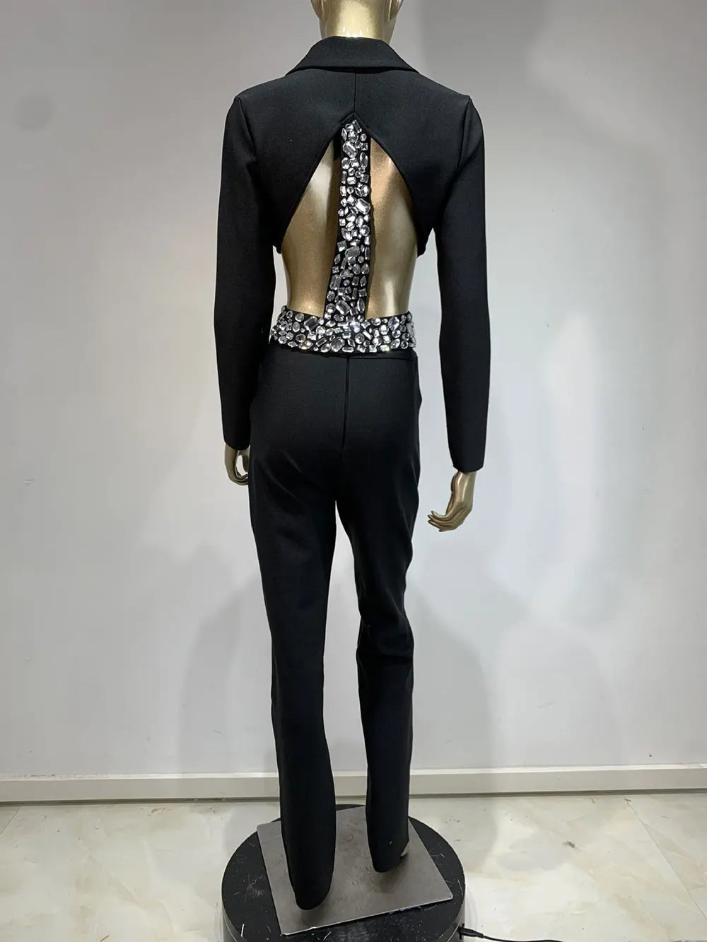 Women Bandage Long Pants Set With Lapel Long Sleeved Nail Bead Design Backless Sexy Ultra Short Jacket+Pants Two-Piece Set