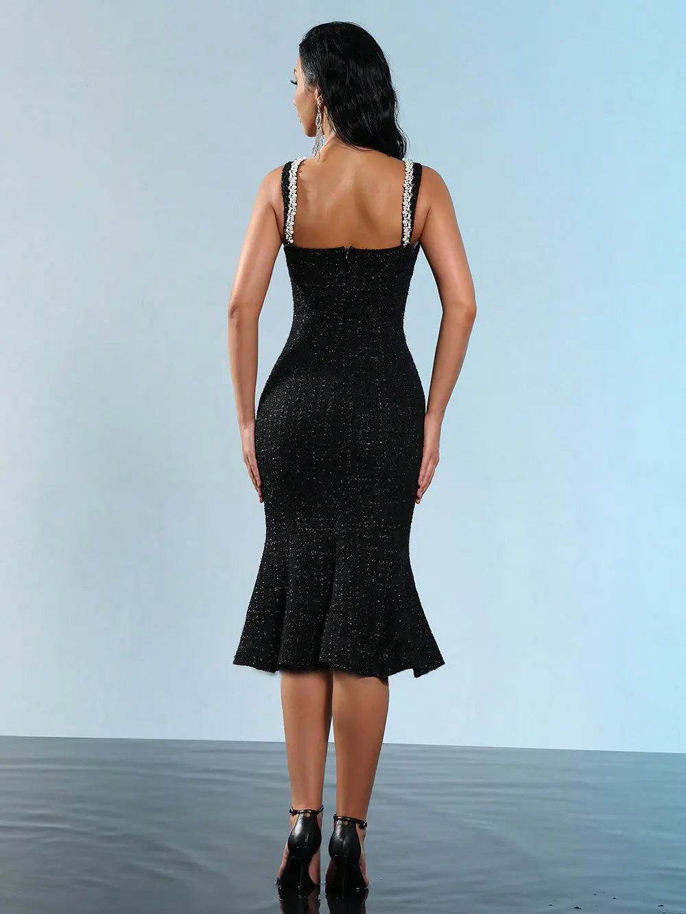 Elegant Women's Nail Bead Design Fishtail Dress V-neck Sleeveless Bodycon Flute Dresses Cocktail Evening Party Vestidos