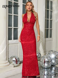 Sexy Women's Maxi Red Sparkle Dress with Hanging Neck Sleeveless Bodycon Backless Long Dresses Evening Club Party Vestidos