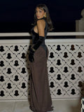 Glamorous Black and Brown Halter Gown with Velvet and Chiffon Combination for Luxury Galas Evening Gown
