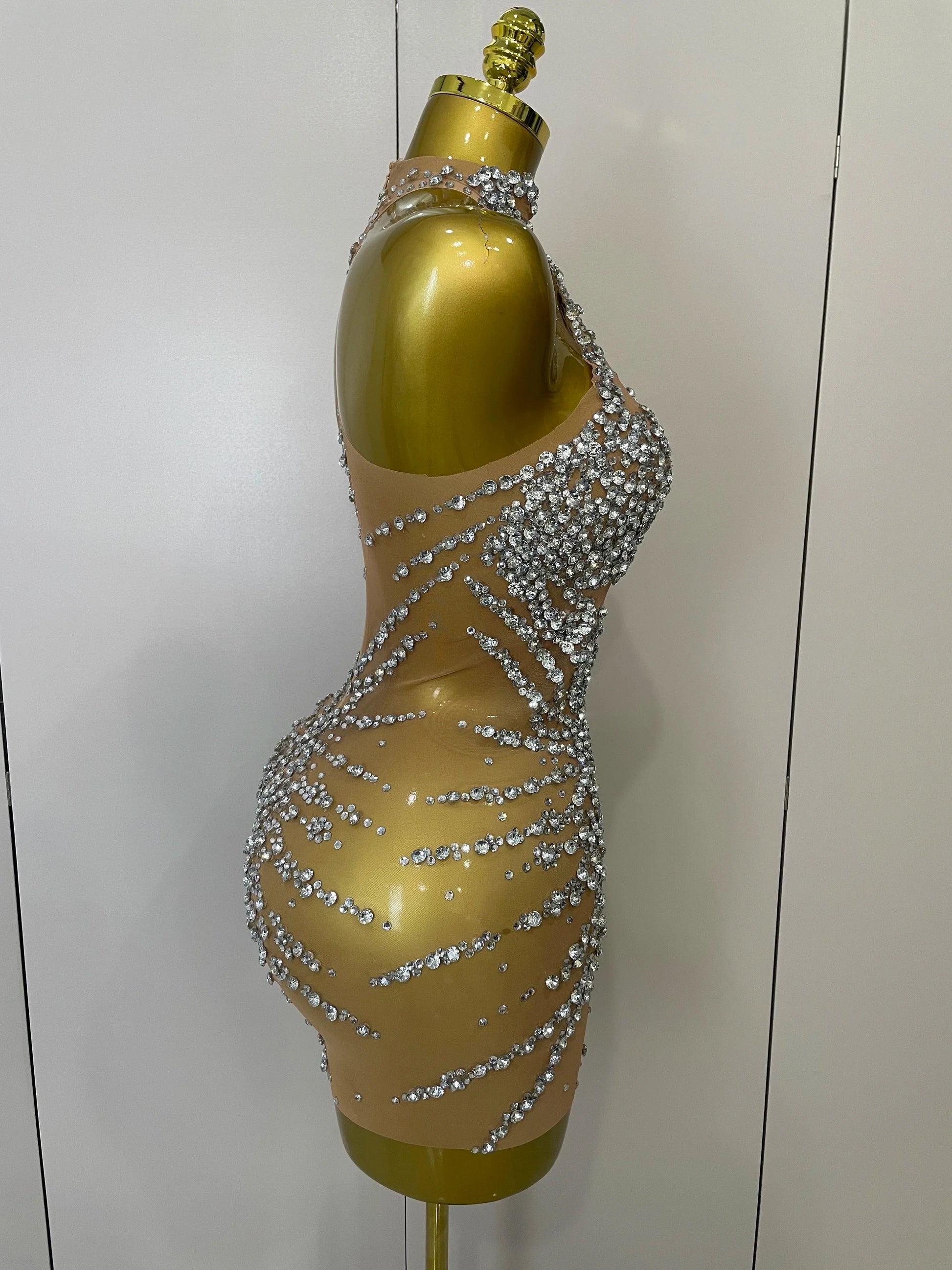 Sparkly Rhinestones Sexy Mesh See Through Dress Party Evening Prom Celebrate Birthday Dress Singer Dancer Show Stage Wear