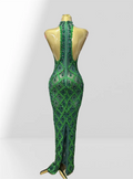 Woman Birthday Party Outfit Club Performance Costume Sparkling Diamond Green Sequins Sexy Mesh see Through Ankle Length Dress