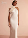 White Satin Halter Backless Long Dress For Women Sleeveless Flowers Embellished Slim Prom Elegant Evening Party Gowns