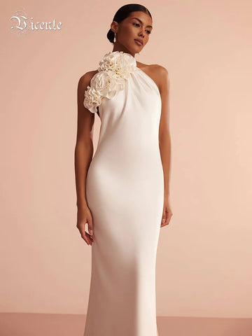 White Satin Halter Backless Long Dress For Women Sleeveless Flowers Embellished Slim Prom Elegant Evening Party Gowns