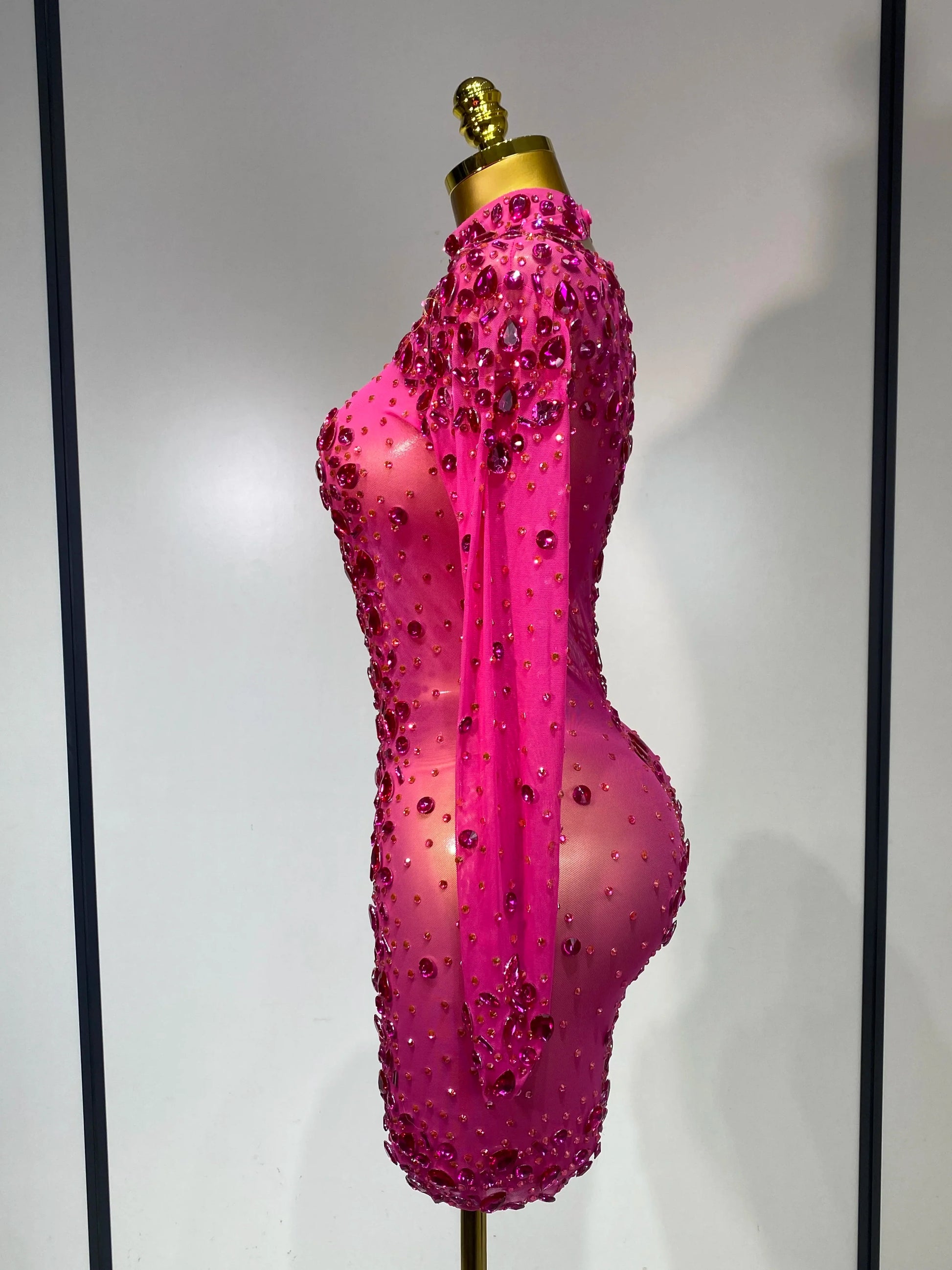 Women Sexy Mesh Rhinestones Mini Dresses Luxury Birthday Evening Party Celebrate Prom Gown Nightclub Singer Stage Outfit