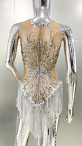 Sliver Sequins Shining Diamonds Long Tassel Sleeveless Mini Dress Evening Dress Woman Birthday Party Outfit