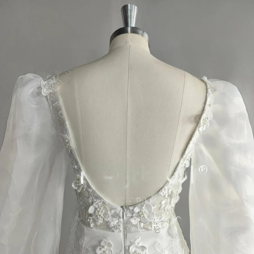 Robe de mariée courte à manches longues bouffantes, fourreau à fleurs, dos nu, col carré, au-dessus du genou, Mini robe de mariée 