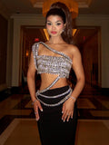 Designer Spliced Luxury Diamond Crop Top With Long Skirt Two-Piece Sets Party Evening Runway Set