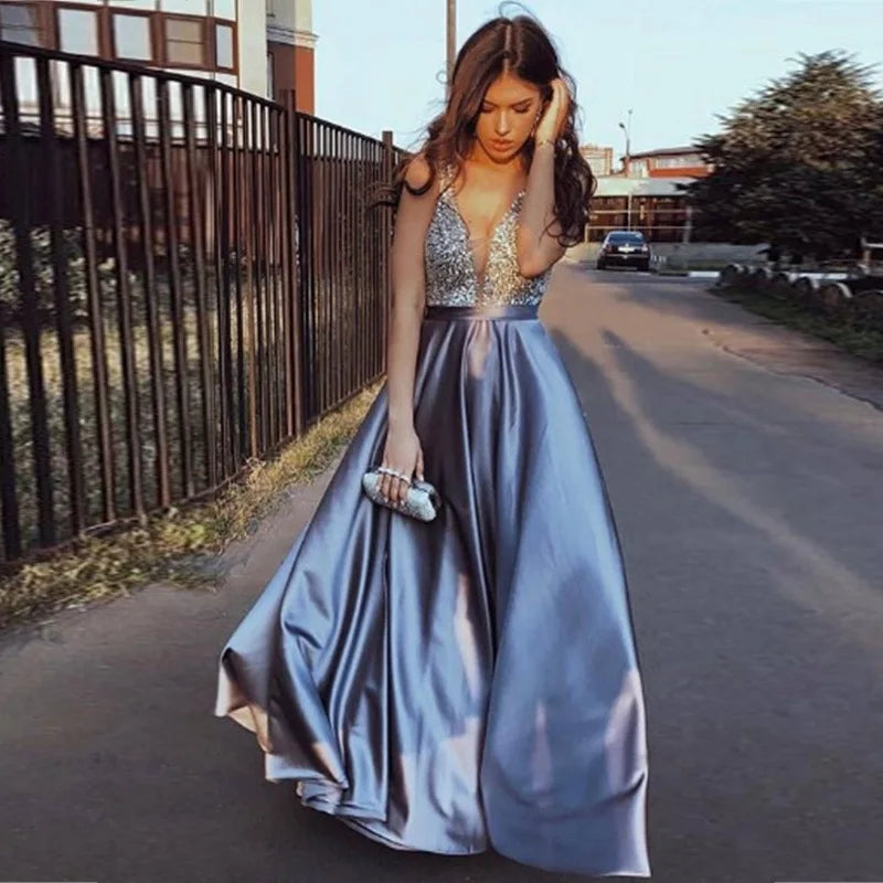 Luxury Diamonds Evening Wedding Guest Long Party Dresses For Women Summer Sexy Deep V Neck Bridesmaid Birthday Maxi Dress