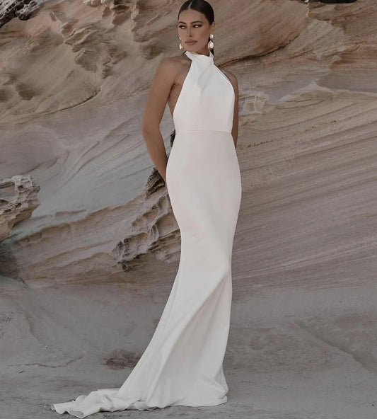 Vestido de novia de playa sin mangas con cuello Halter y desmontable para mujer, elegantes vestidos de novia de satén personalizados hasta el suelo