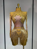 Women Long Sleeve Sexy Stretch Bodycon Shinning Tassels Rhinestones Bodysuit Celebrate Birthday Club Evening Party Stage Outfit Gold