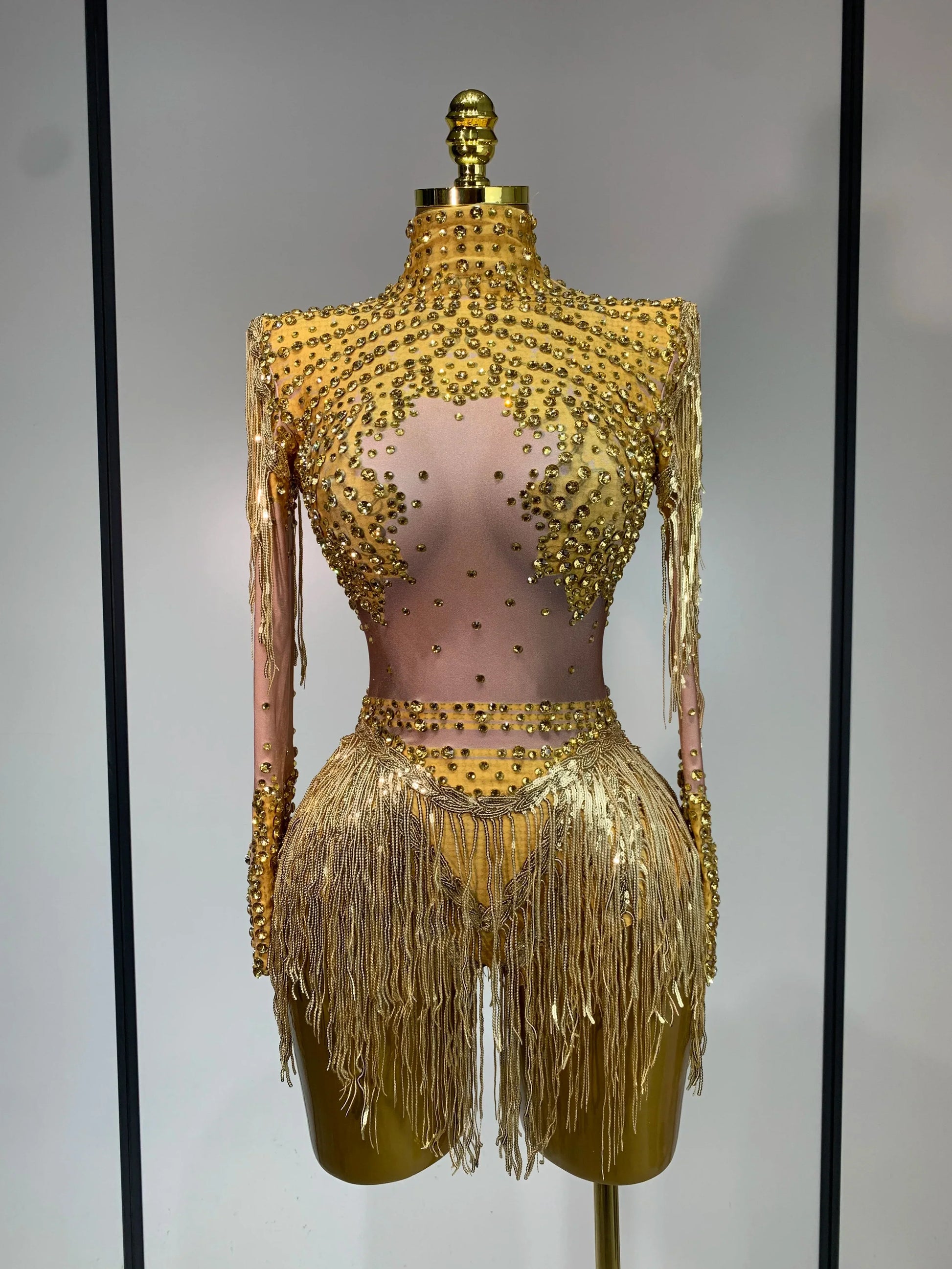 Women Long Sleeve Sexy Stretch Bodycon Shinning Tassels Rhinestones Bodysuit Celebrate Birthday Club Evening Party Stage Outfit Gold
