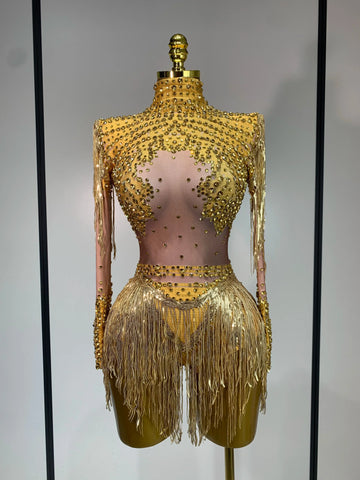 Women Long Sleeve Sexy Shinning Tassels Rhinestone Bodycon Bodysuit High Stretch Bar Dancer Nightclub Stage Wear Birthday Outfit Gold