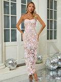 Floral Embroidery Sequins Long Dress Strapless Mesh Patchwork Backless Slim Cocktail Evening Party Gowns