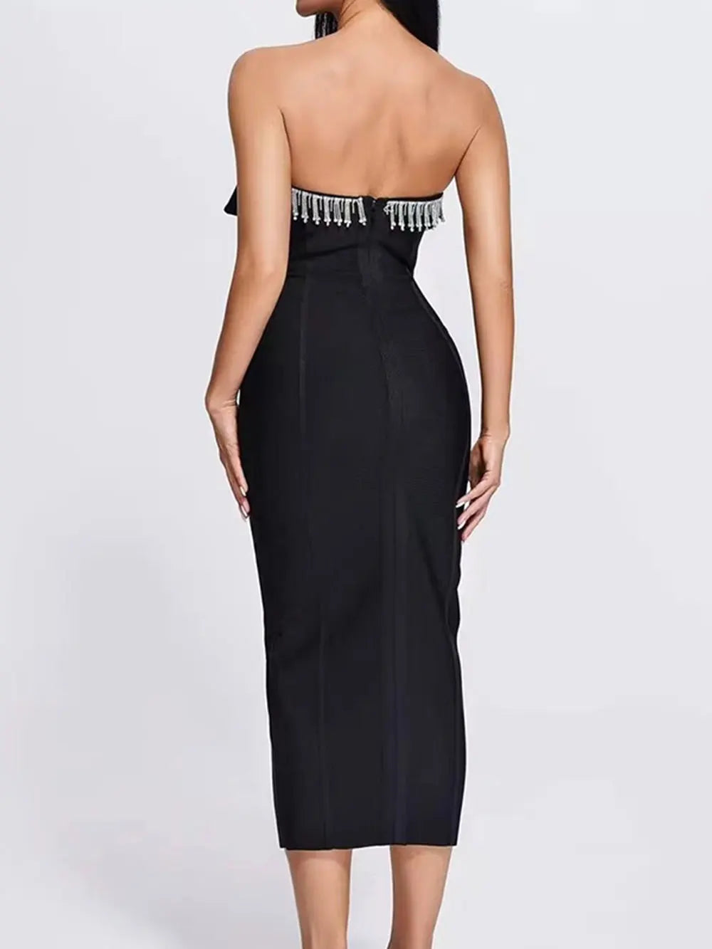 Sexy Women'S Light Luxury Sequin Rhinestone Tassel Design Bandage Dress Strapless Sleeveless Bodycon Backless Midi Dresses