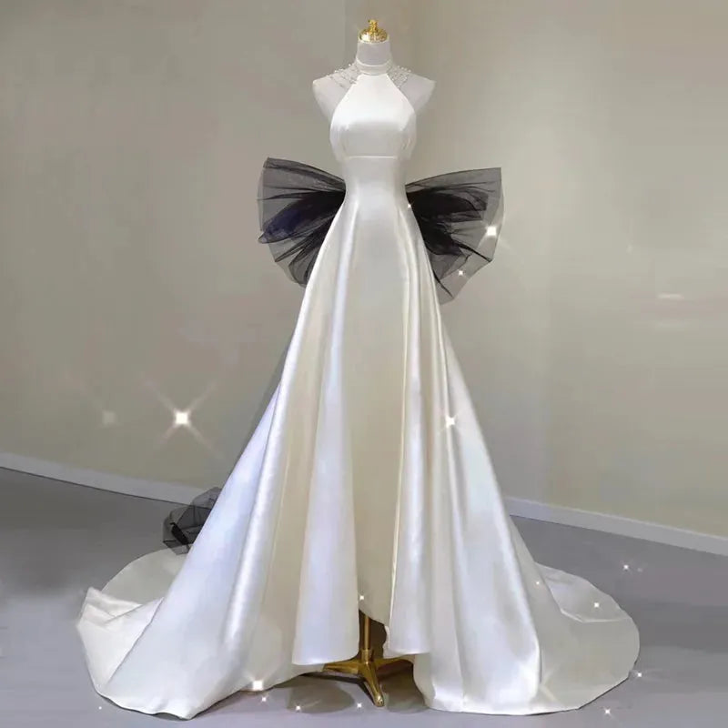 White Satin Luxury French Trailing Bride Wedding Dress Sexy Off Shoulder Backless Ball Gown Wedding Evening Prom Women Dresses White