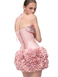Dreamy Adorable Pastel Pink Two-Piece Set Dress Halter Corset Top and Ruffled Mini Skirt for Trendy Occasions Evening Gown