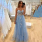 Blue Lace Applique Prom Dresses Tulle Strapless Long Floor Length Celebrity Graduation Evening Gowns Special Occasion Dresses