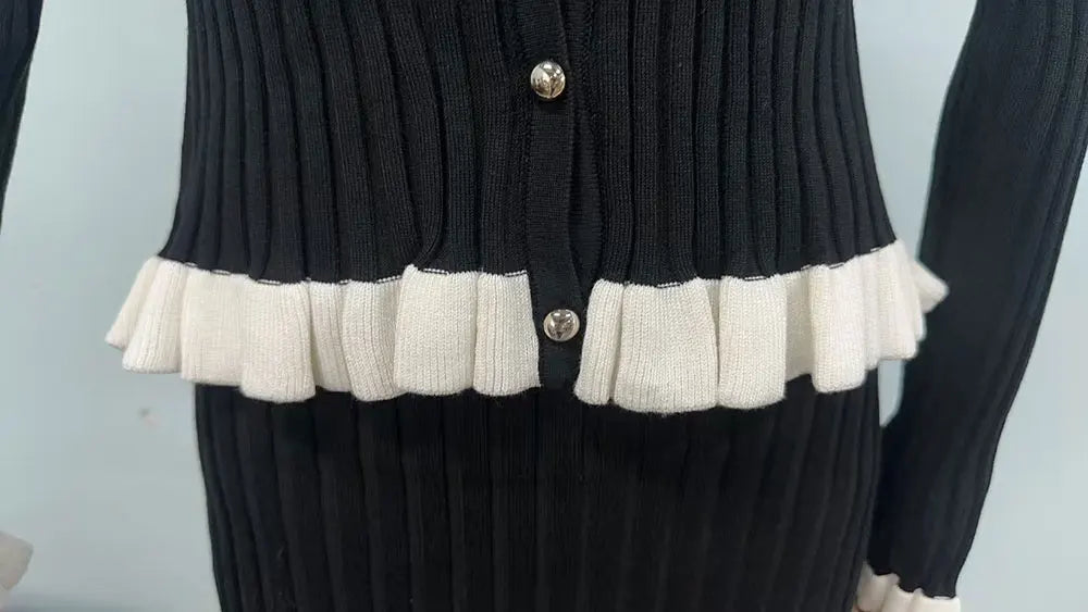 Knitted Long Skirt Set Long sleeved Wooden Ear Edge Single breasted Cardigan Knitted Coat+High Waist Skirt Two piece Set