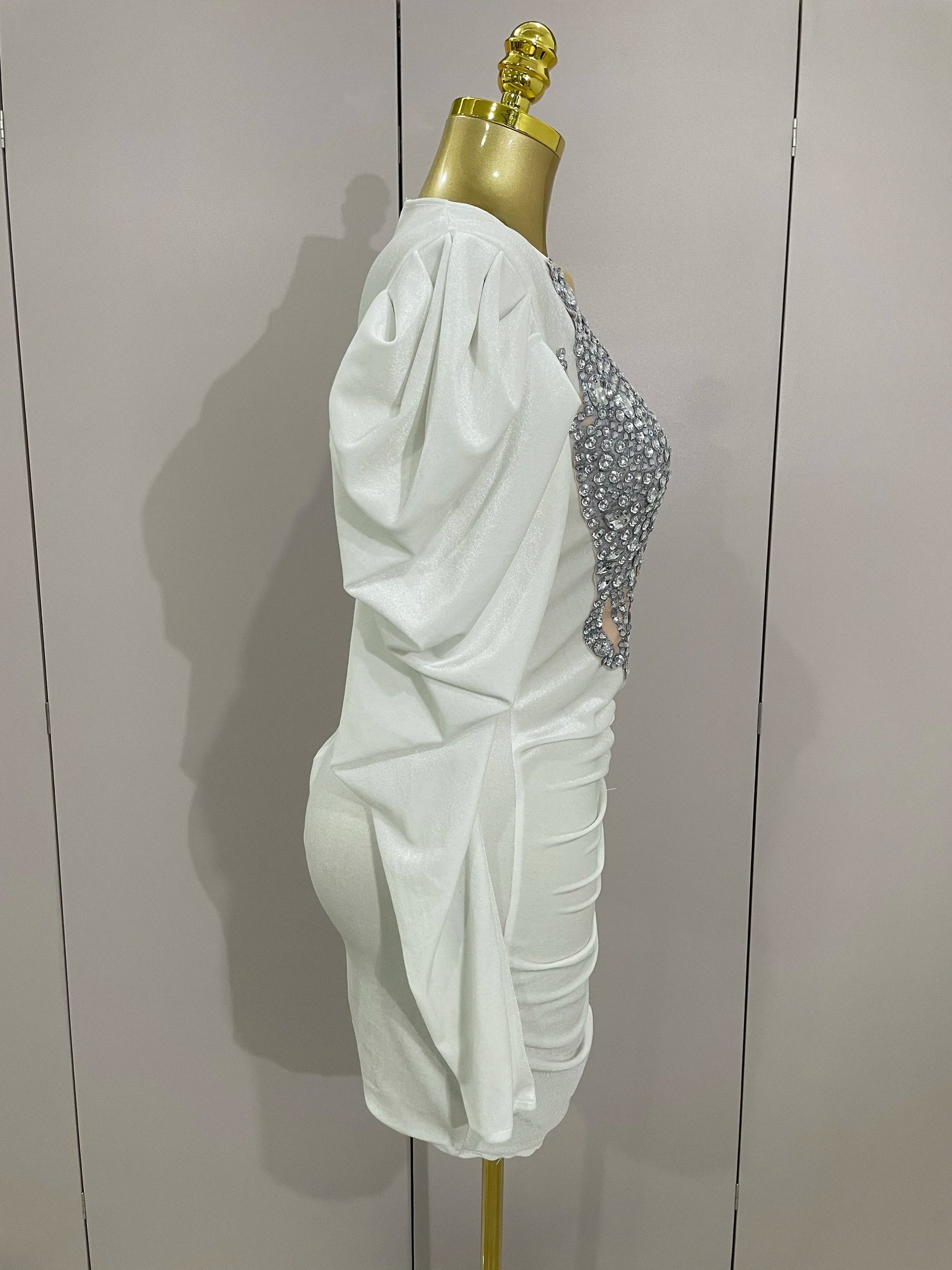 Luxury Sparkly Crystals Sexy Mesh White Velvet Short Dress Women Elegant Evening Prom Birthday Party Dresses Stage Costume