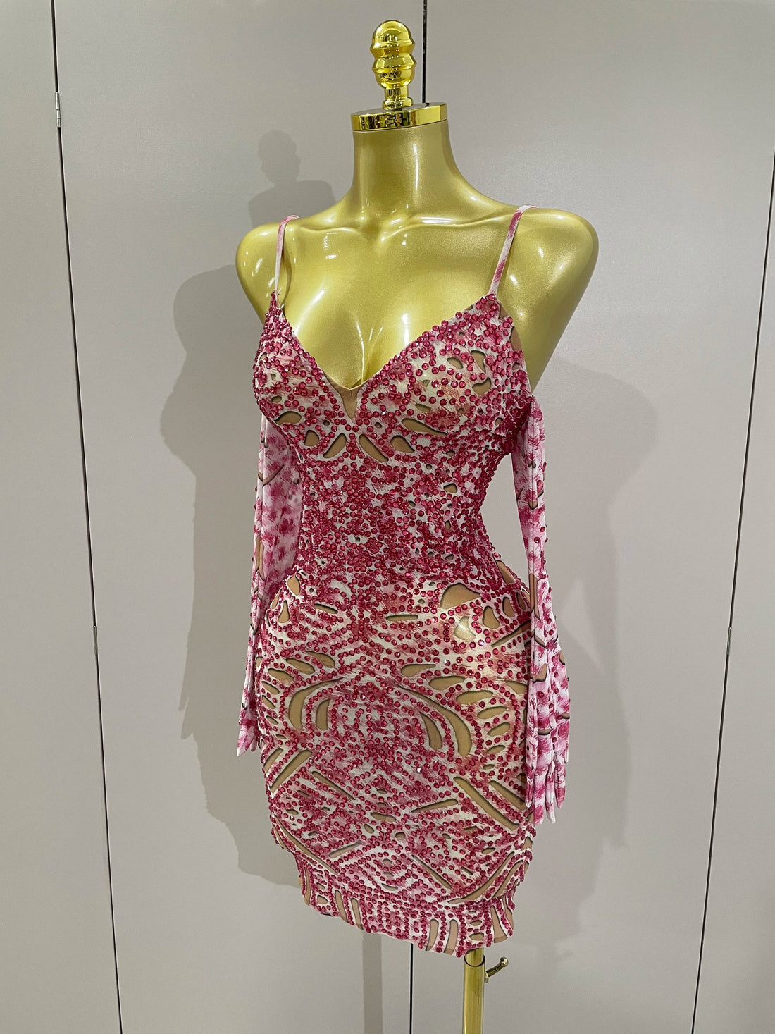 Sexy Sparkly Rhinestones Mesh Mini Dress With GlovesWomen Evening Birthday Party Celebrate Costume Dancer Stage Wear Red
