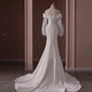 Satin putih mewah di luar bahu lengan panjang, Pernikahan putri duyung gaun trailing untuk wanita pengantin wanita elegan long pesta vestido