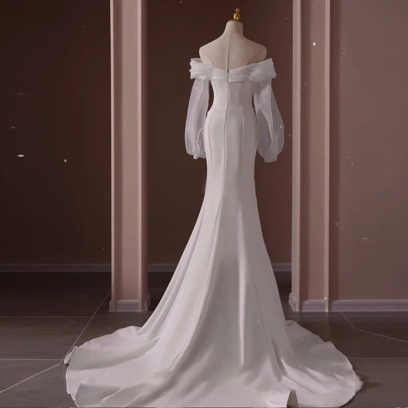 Luxus weißes Satin von Schulter langer Hochhaut Hochzeit Meerjungfrau nachfolgende Kleider für Braut Frauen elegante lange Party Vestido