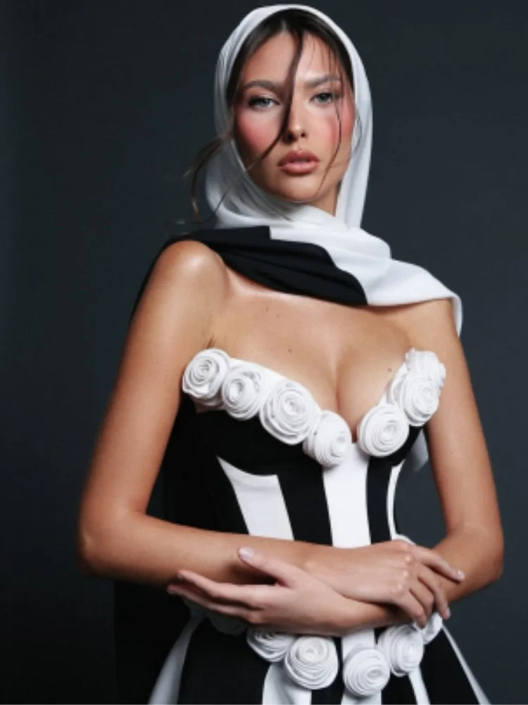 Stereoscopic White Flowers White and Black Bandage Mini Dress Sweet Woman Birthday Party Vestido Celebrity Party outfit！