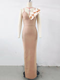 Sexy Women's 3D Flower Decoration Long Dress Strapless Sleeveless Bodycon Backless Max Dress Cocktail Evening Party Vestido Khaki