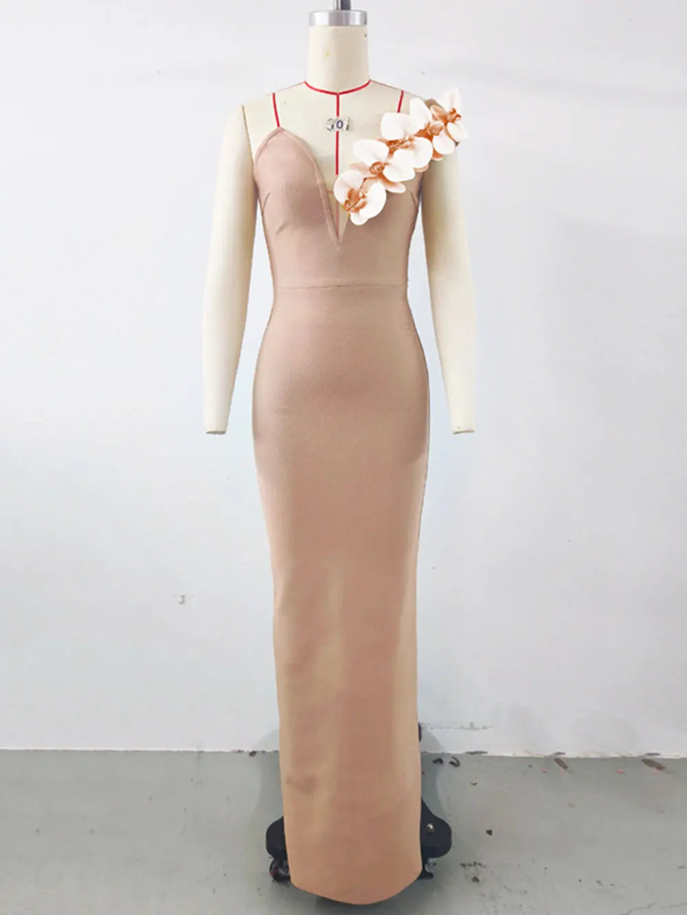 Sexy Women's 3D Flower Decoration Long Dress Strapless Sleeveless Bodycon Backless Max Dress Cocktail Evening Party Vestido Khaki