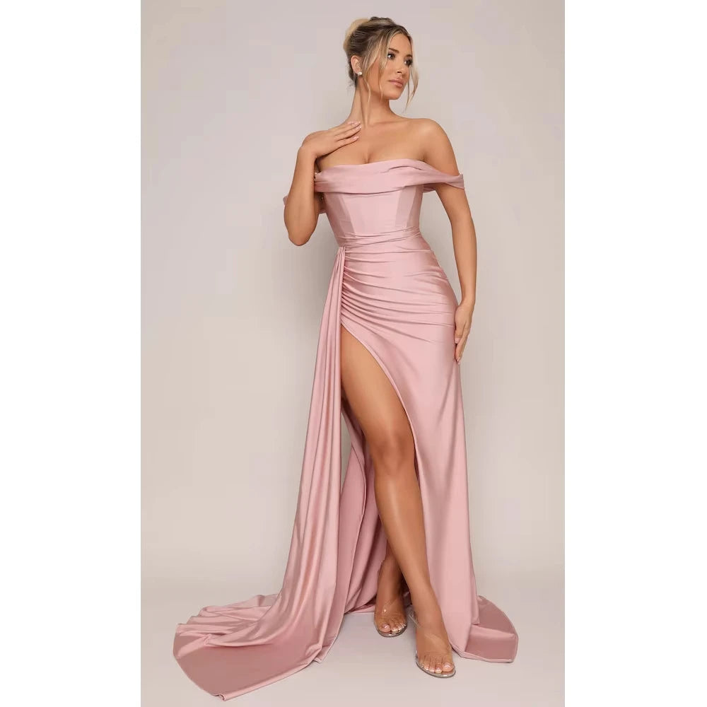 Off the Shoulder Bridesmaid Dresses Satin Strapless Mermaid Split Sweep Train Pleated Wedding Party Dresses Customized 68