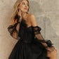 Cathy Black Off Shoulder Prom Dress 2023 Gothic Puffy Sleeve Party Dresses Tulle Sweep Train Evening Dress Sexy فستان سهرة