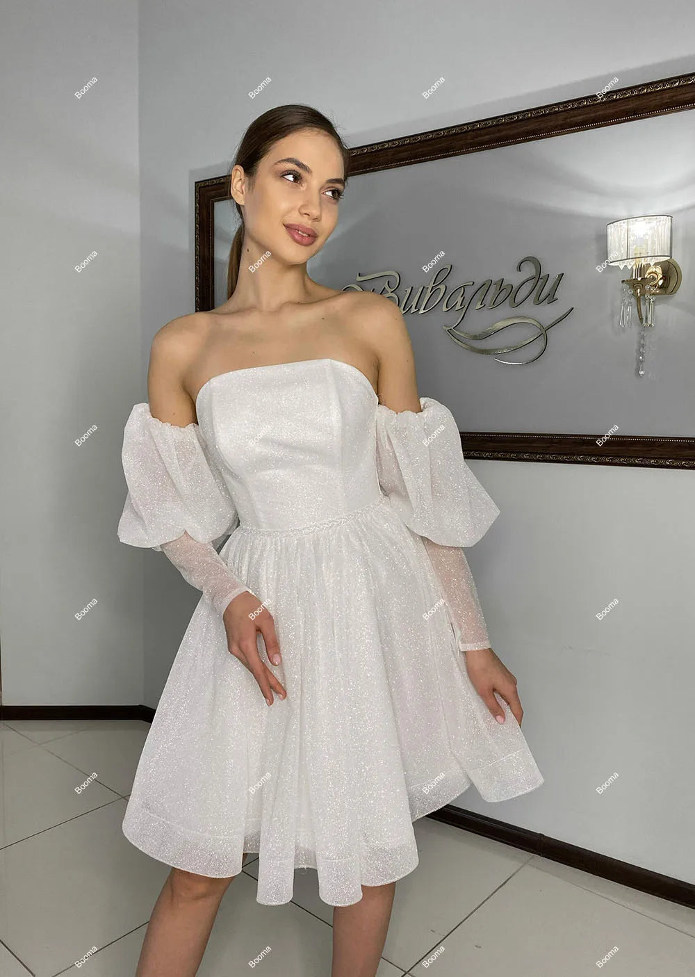 Glänzende Organza A-Linie kurze Brautkleider Puffärmel Bräute Partykleider für Frauen knielange Abschlussball Abendkleider