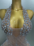 Sexy Sparkly Rhinestones Halter Backless Mesh Velour Short Dress Women Evening Prom Celebrate Birthday Party Stage Wear