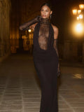 Glamorous Black Halter Dress with Lace Details Gloves for Fashion Events Party Evening Gown