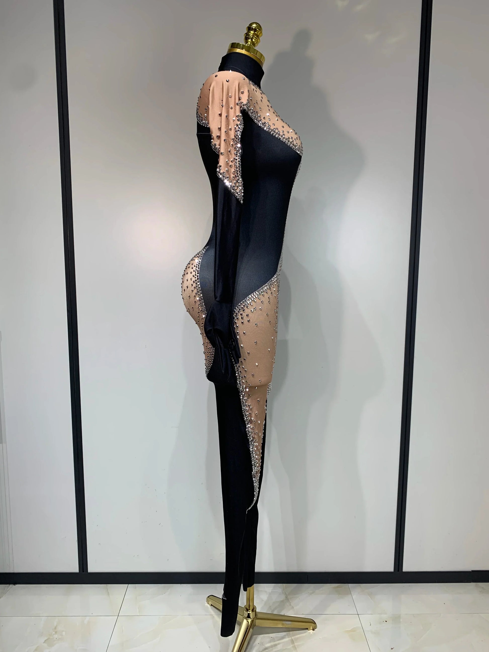 Fashion Sparkly Rhinestone Bodycon Bodysuit Female Singer Dancer Stage Perform Outfit Luxury Birthday Club Drag Queen Costume